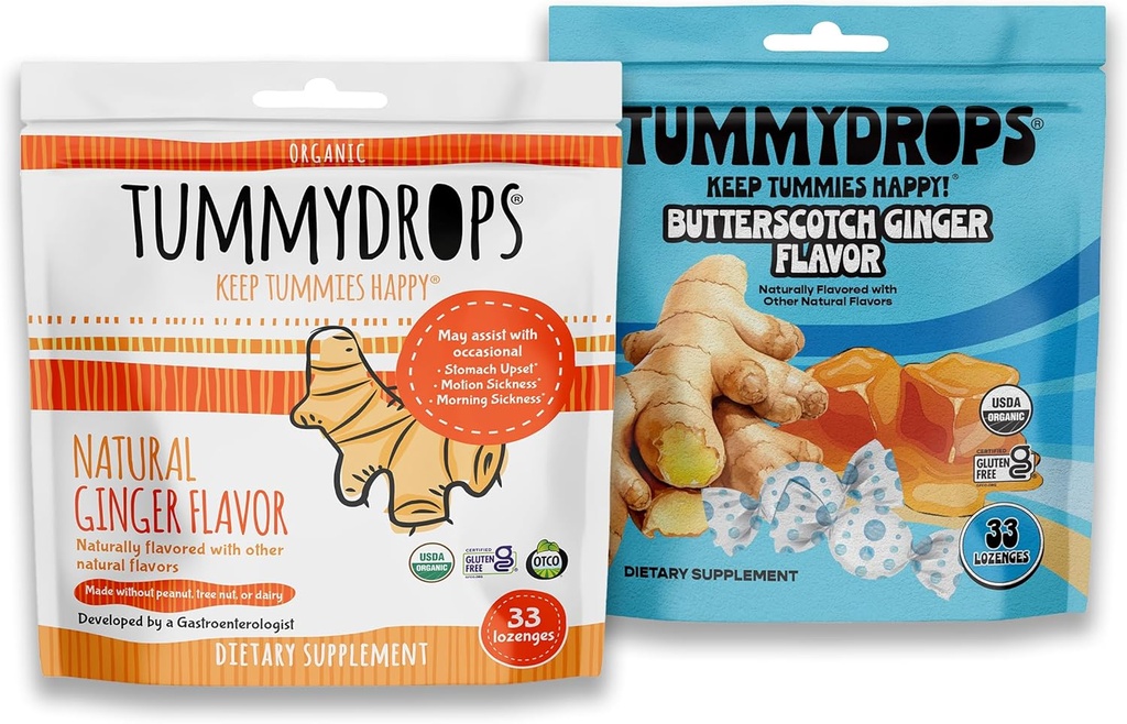 Tummithrops 有机姜包,1袋 天然姜和Vegan Butterscotch 姜,Gluten Free,USDA 有机,Vegan
