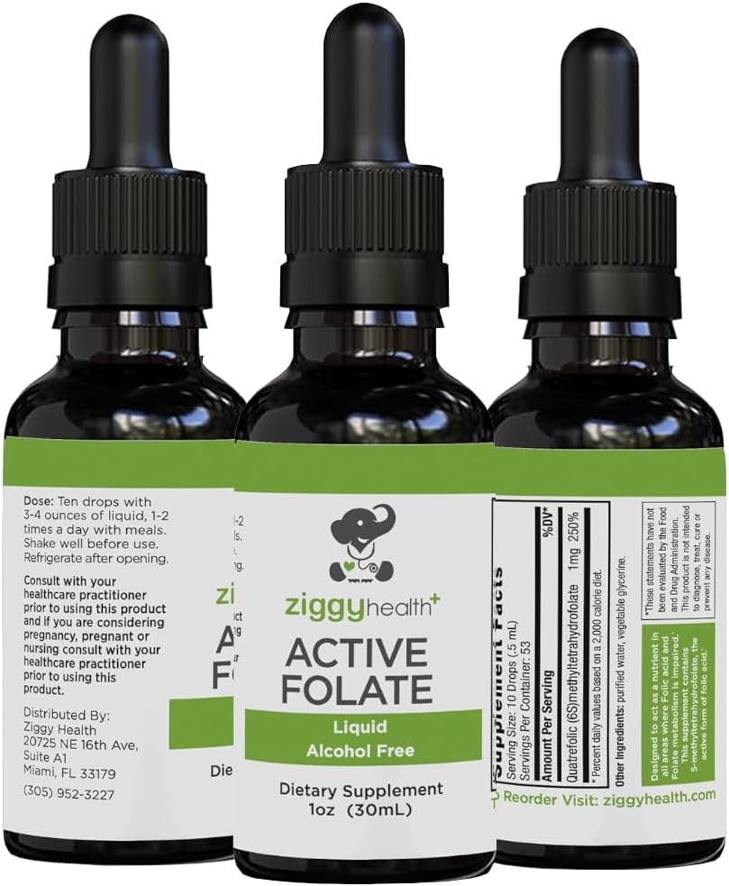 Active Folate Pure Liquid Extract Supplement - L-Methylfolat för bättre absorption, hjärnhälsa, förbättra cellulär funktion, stöd immunsystem, vattenlöslig B-komplex, 1oz - av Ziggy Health