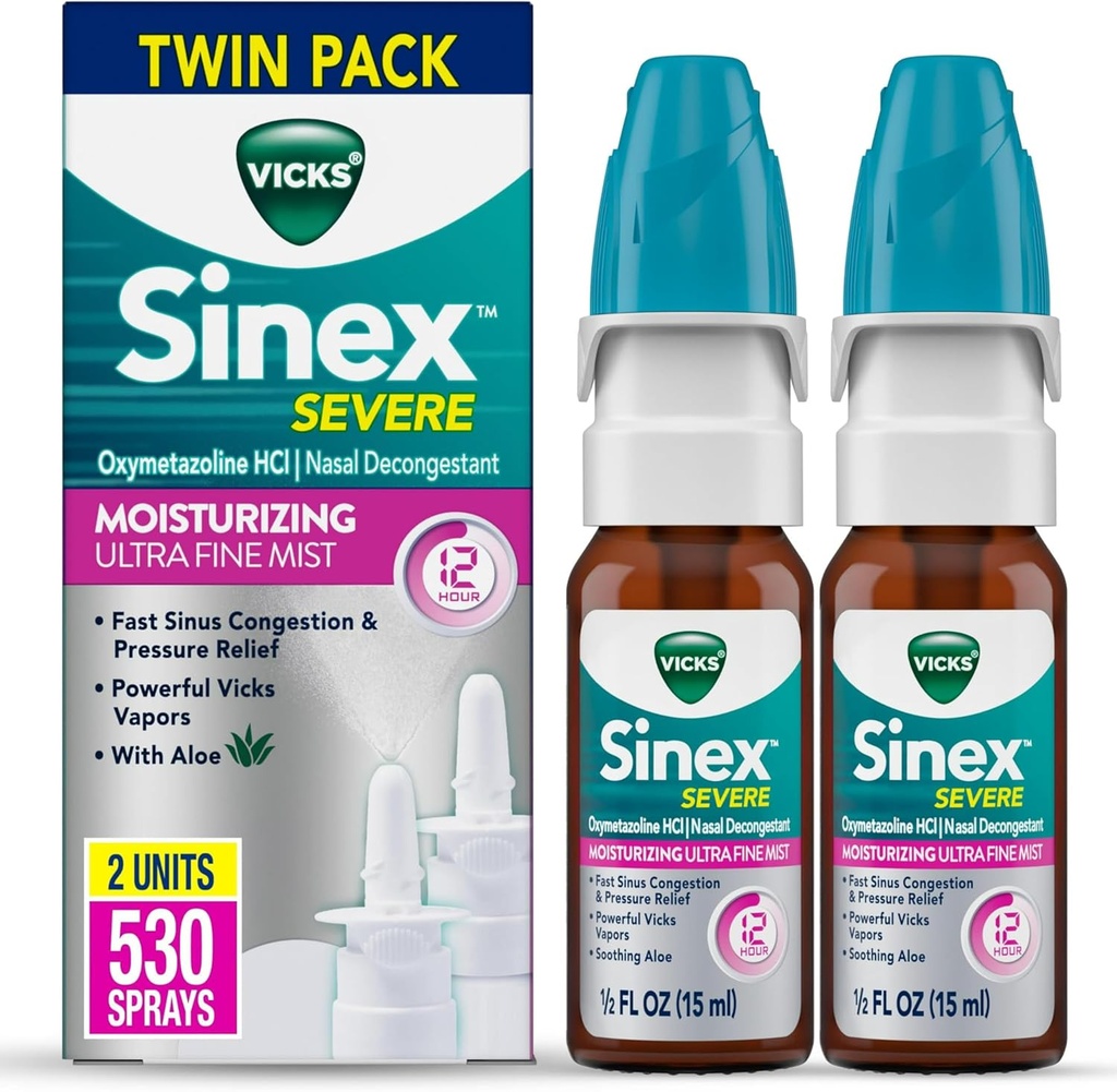 Vicks Sinex Severe Nasal Spray, Moisturizing Ultra Fine Mist mit Aloe, Decongestant Medicine, Relief von Stuffy Nose wegen Kälte oder Allergie, Nasal Congestion & Sinus Druckentlastung, 265 Sprays x 2