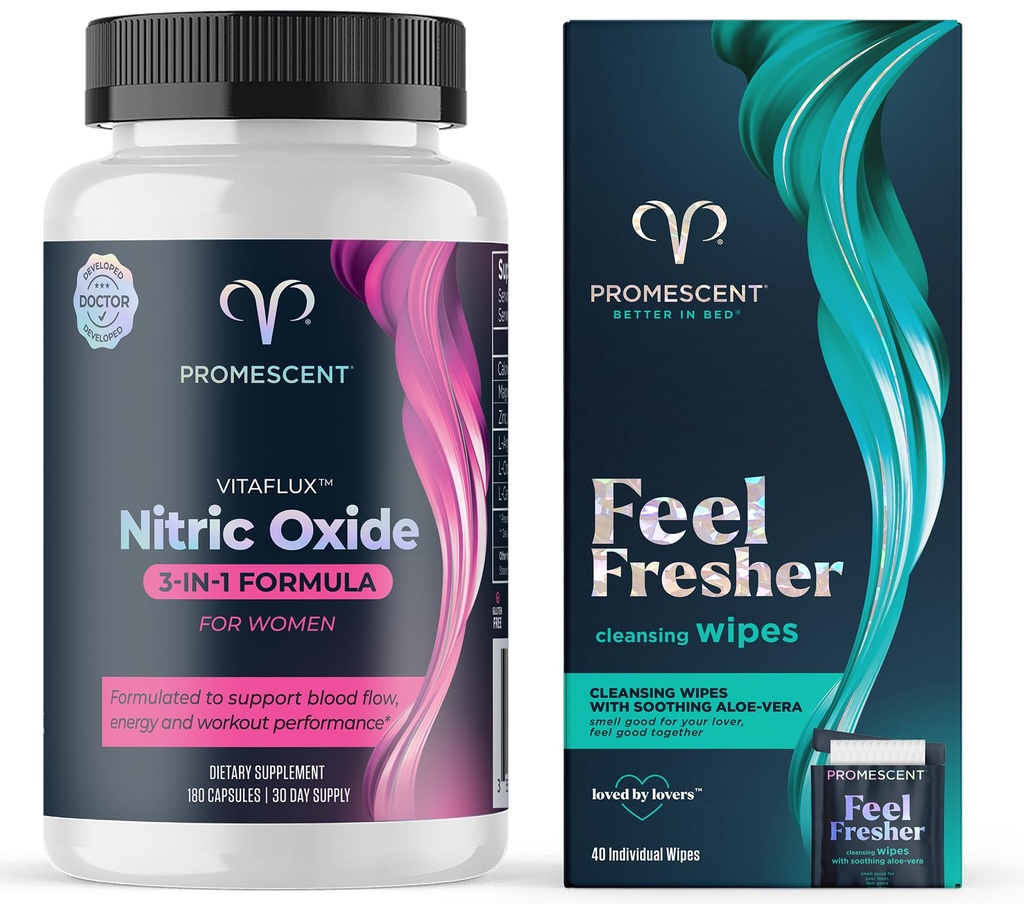 Promescent VitaFLUX Women's Nitric Oxide Booster Supplement + Flushable Wipes for Adults, Personal Cleansing Hygienic Wet Wipes for Men and Feminine Use