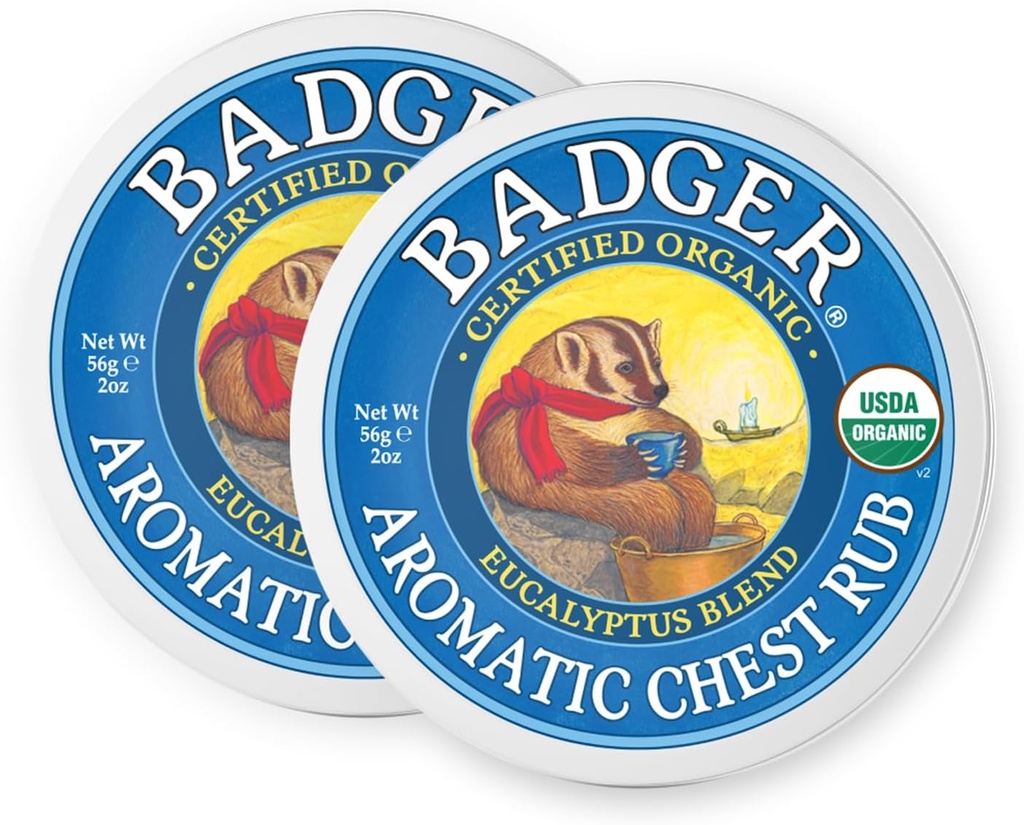 Badger Aromatic Chest Rub, 100 % 유기농 Vaporub w / Eucalyptus & Lavender Essential Oils to Clear & Soothe, 성인 및 어린이, 2 oz Tin, 2-Pack에 대한 모든 자연 가슴 구호
