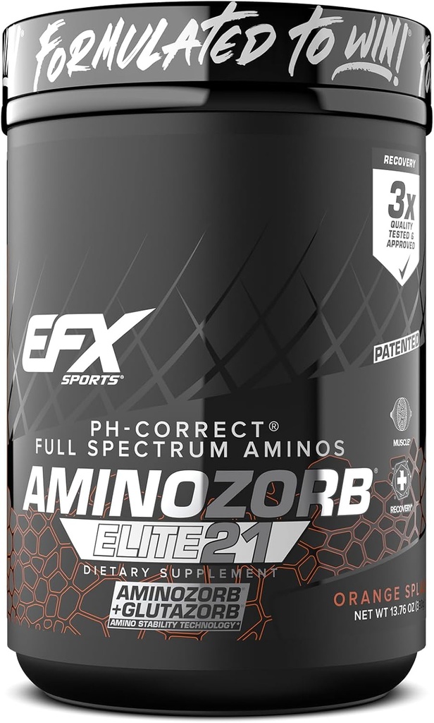 EFX Sports Aminozorb Elite 21 Březen 124; PH- Pravý, Full Spectrum Aminos + Glutamin Brank 124; Essential & Non Essential Aminos Branth 124; Zero Sugars Brank 124; 30 Servings (Orange Splash)