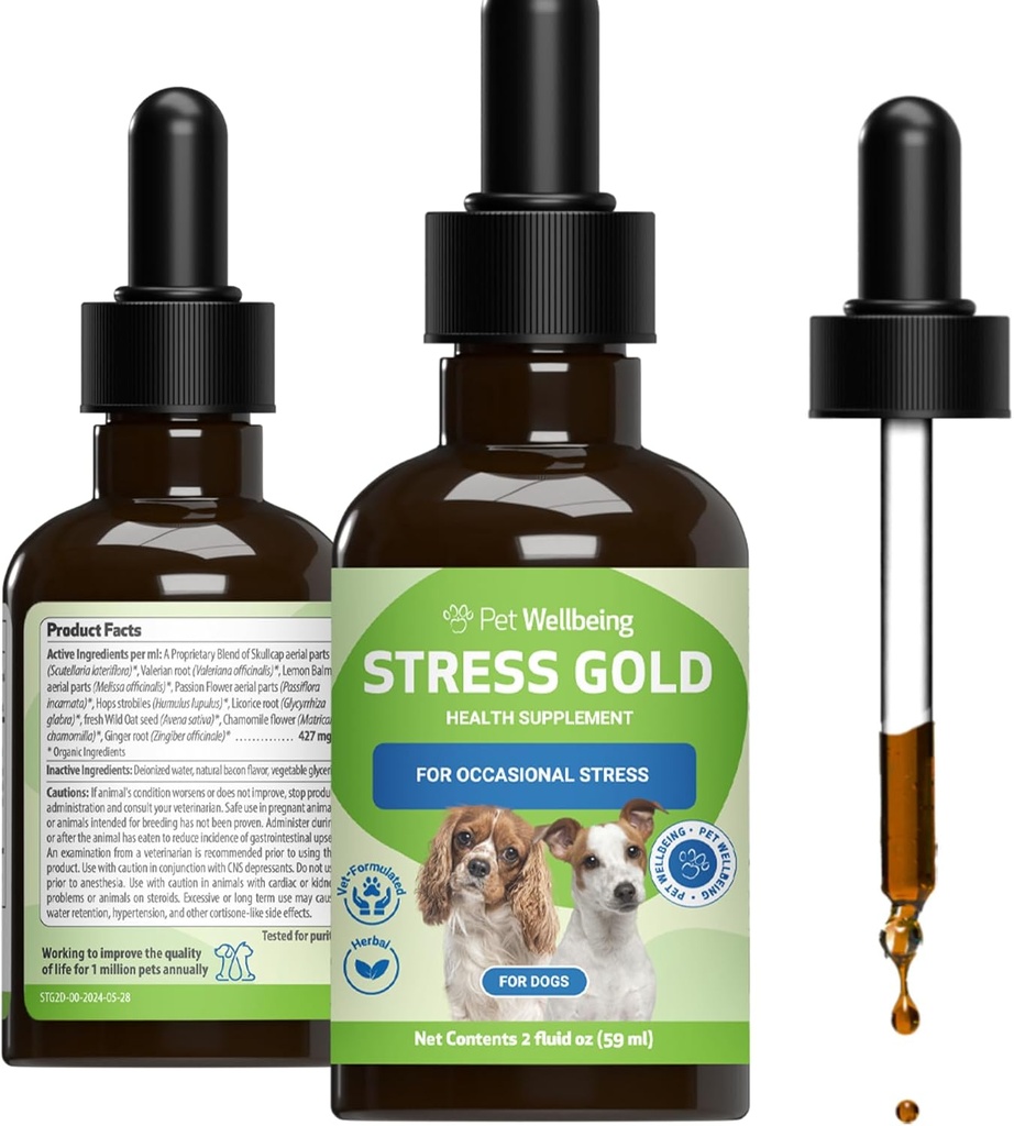 Pet Wellsing Stress Gold for Dogs - Vet- Formulated Situational Canine Stress During Car, Storms, Vet Visits - Holistic Dog Herbal Blend - Liquid Dukung 2 oz (59ml)