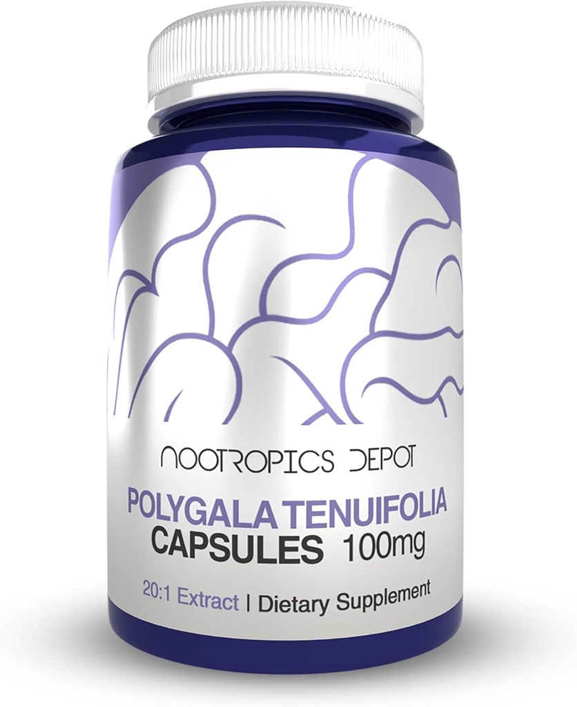 Nootropics Depot Polygala tenuifolia Capsules | 100mg | 90 greve | 20:1 Extract | Yuan Zhi | Främjar kognitiv funktion, lärande och minne | Stöder hälsosam stressnivåer | Adaptogen Supplement