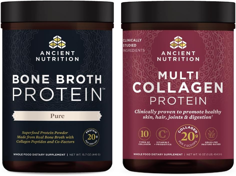 Antigua Nutrición Bono Broth Protein Powder, Puro, 20 Servimientos + Multi Collagen Protein Powder, Desarrollado, 45 Servimientos