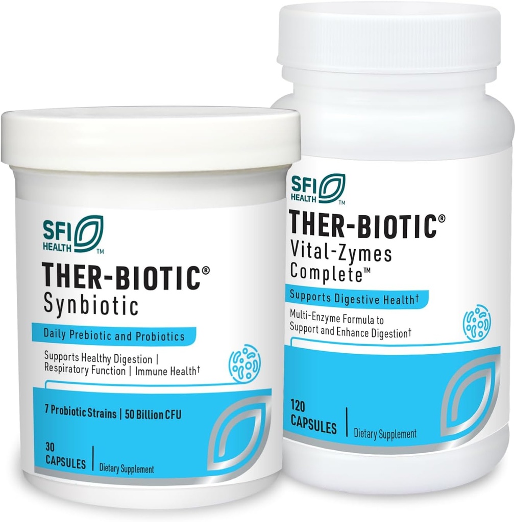 Klaire Labs Ther-Biotic Synbiotic Probiotic (30 kapsler) + Vital-Zymes Digestive Enzymes Bundle (120 greve) - Lav-FODMAP Probiotic Supplement + Digestionsstøtte Enzymes - 2 Produktsett