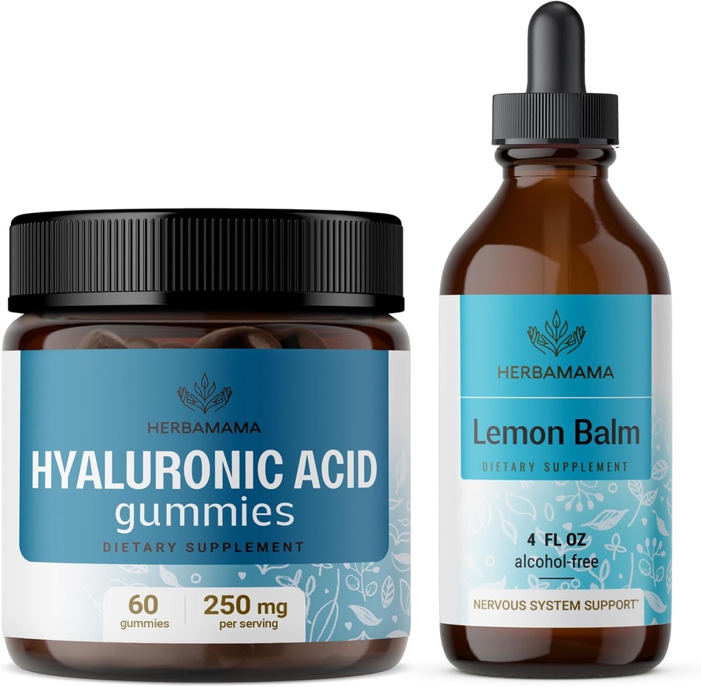 HERBAMAMA Hyaluronic Acid eta Lemon Balm Kit - 250 mg Hyaluronic Acid Gummies eta Lemon Balm Leaf Extract 4 fl oz - Vegan, Non-GMO, Alcohol-Free - 2 Pack