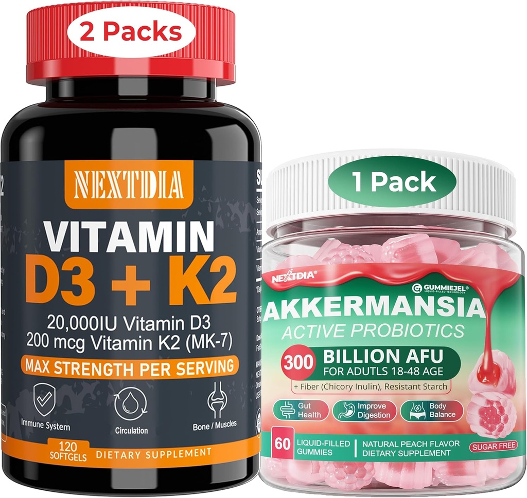 D3 20.000 IU + K2 (MK7) 200mcg Softgels + Akkermansia Probiotikoak Zuntz aurrebiotikoekin