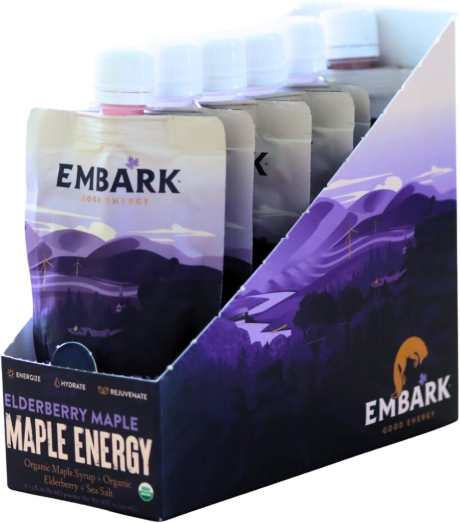 Embark Maple Syrup Energy Gel, 6-Pack av 3oz Återförsäljbara påsar, Natural Sport Nutrition, Certified Organic, Vegan, Gluten Free, för idrottare, Adventurers & Foodies, Elderberry