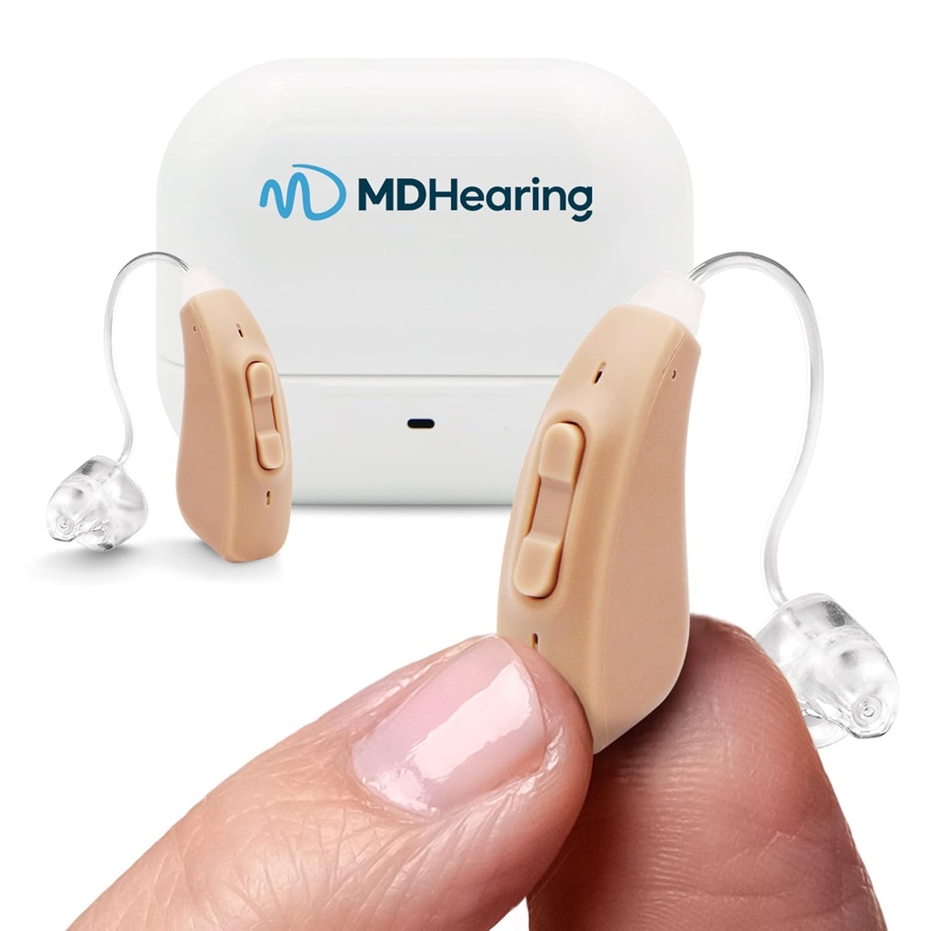 MDHearingAid AIR Hearing Aid (Pair), OTC ricaricabile, Crystal-clear Digital Sound di MDHearing, perfetto per occhiali, quasi invisibile