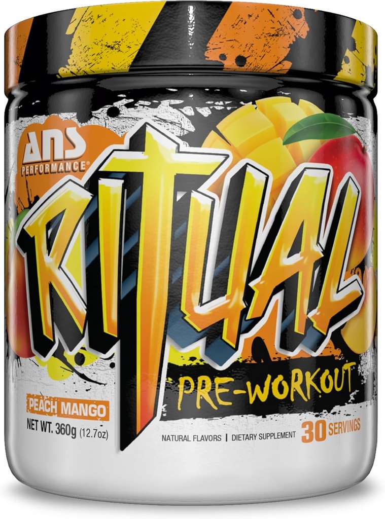ANS Performance Rituaali pre workout (30 palvelinta, 12.7 oz) - Täydellinen esitreenauksen Formula - energia, tarkennus, & vahvuus - Lisätä tehotehoa & harjoitusmäärä - Endurance & Stamina (Peach Mango)