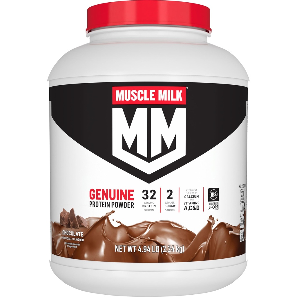Muscle Milk Genuine Protein Powder, Chocolate, 4.94 Pound, 32 Servings, 32g Protein, 2g Sugar, Calcium, Vitamins A, C & D, NSF Certified for Sport, Energizing Snack, Packaging May Vary