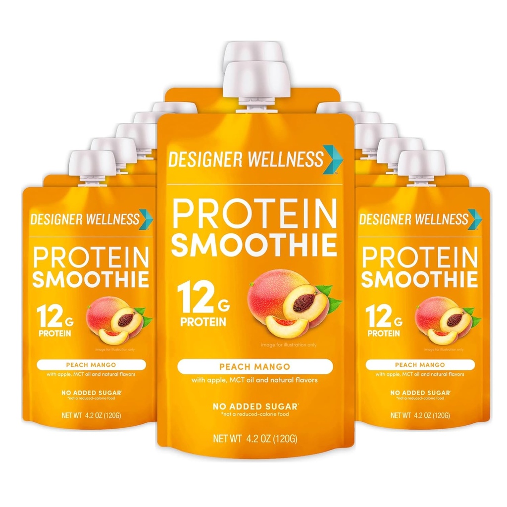 Designer Wellness Protein Smoothie, Real Fruit, 12g fehérje, alacsony szénhidrát, nulla hozzáadott cukor, gluténmentes, nem GMO, nincs mesterséges színezék vagy ízesítők, Peach Mango, 12 gróf