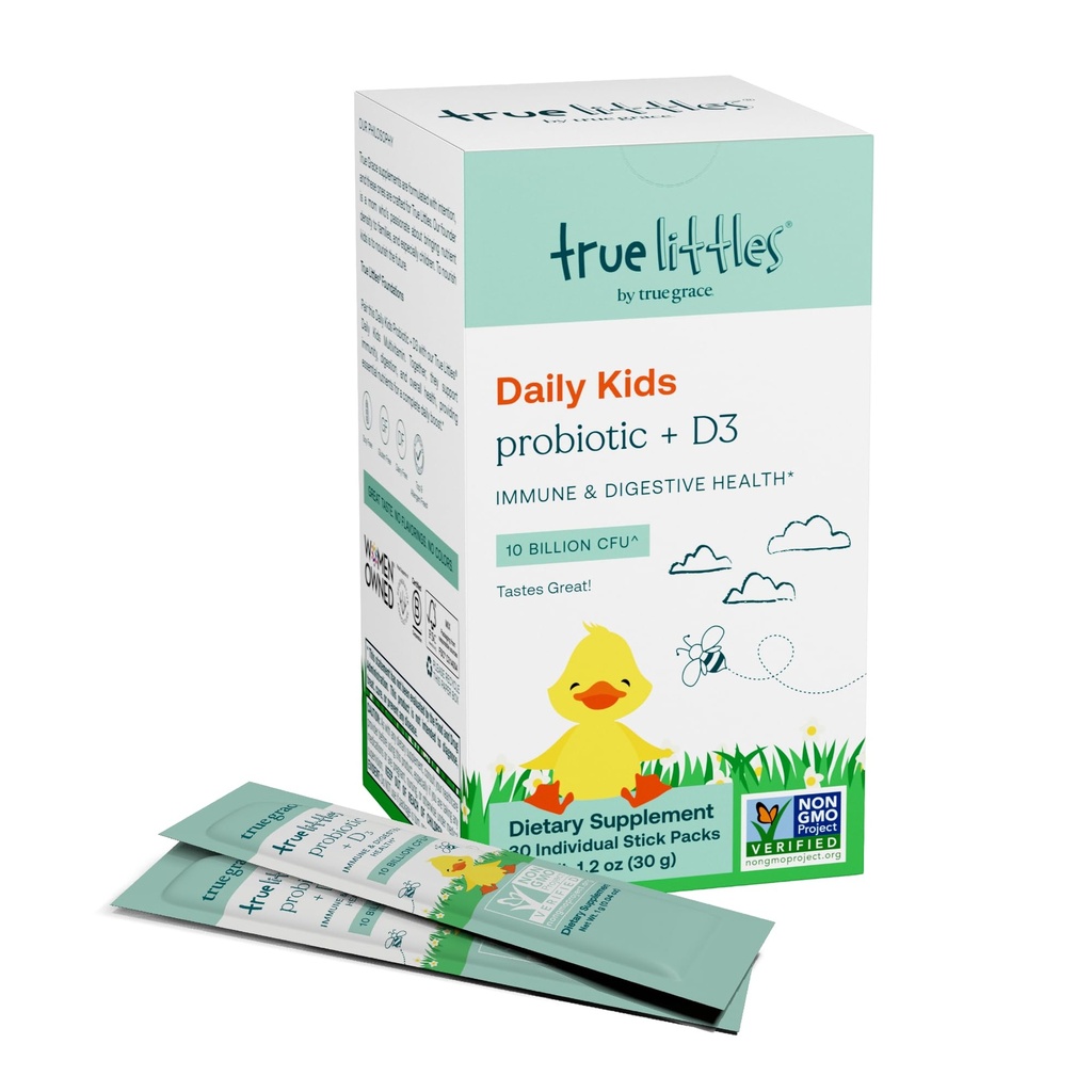 True Grace True Littles - 30 Individual Stick Packs - Kids’ Daily Probiotic + Vitamin D3 for Immune & Digestive Health - Gluten, Soy & Dairy Free - 30 Servings