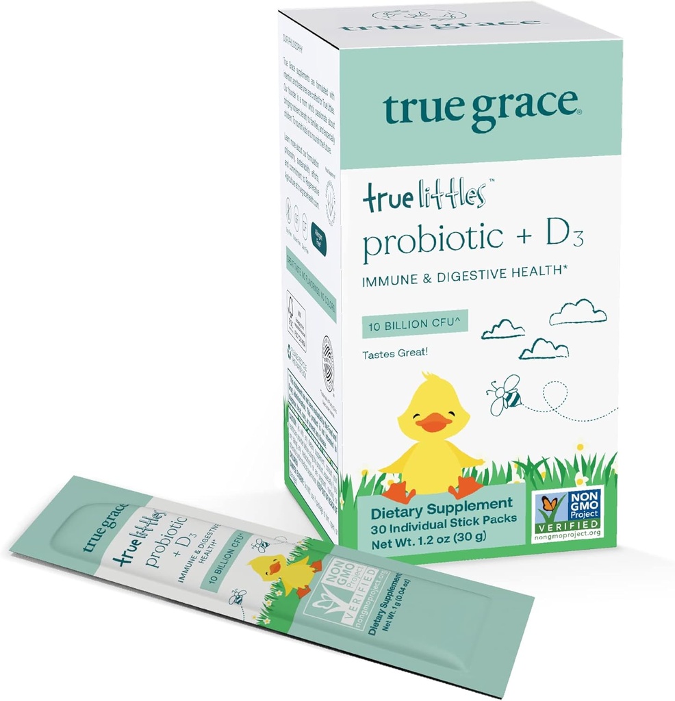True Grace True Littles - 30 posameznih packs - otroški dnevni probiotik + vitamin D3 za imunsko in prebavno zdravje - Gluten, Soy & Dairy Free - 30 Serving