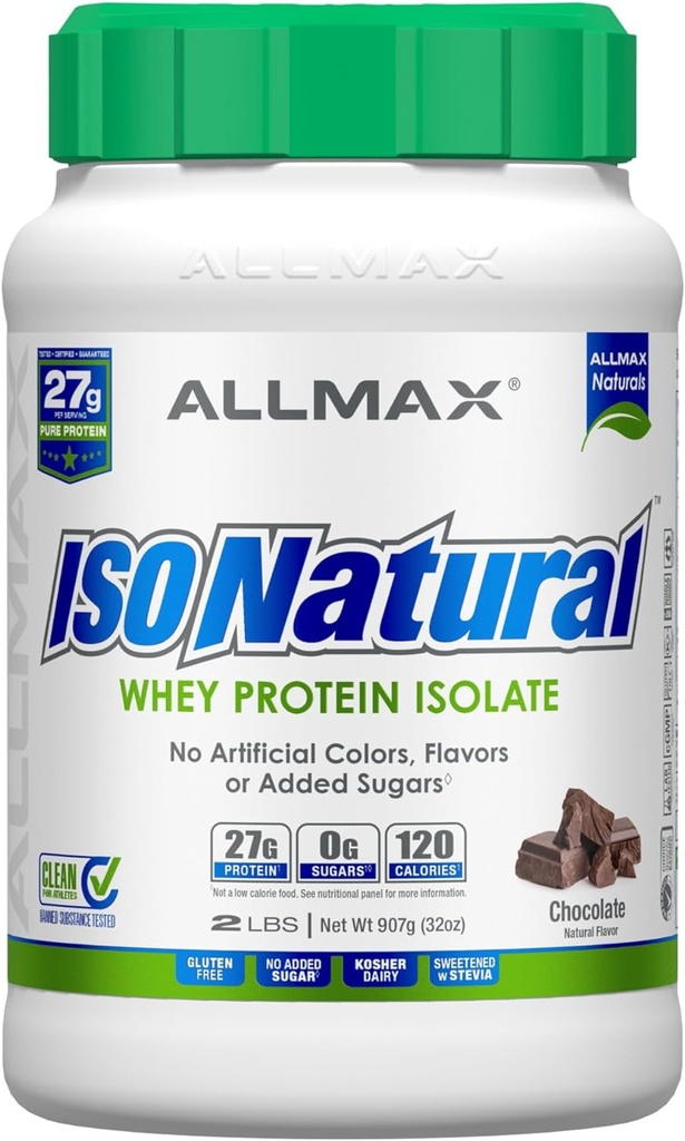 AllMAX харчування ISONATURAL Хей протеїн Isolate, Шоколад - 2 фунт - 27 Трави білка на сапфі - Zero Fat & Sugar - 99% Lactose Free - з пребіотики - Немає штучних Flavors - 29 Сервінги
