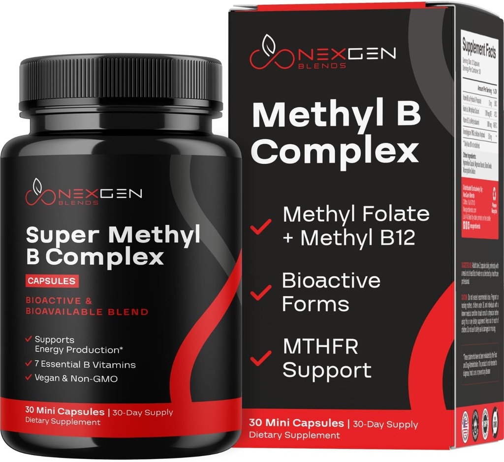 Methylated B Complex Vitamin Suplement - Bioactive Metil B Complex dengan 5- MTHF Methyl Folate & B12 Methylcobalamin untuk Energi Hati Otak & Homocysteine - Super Vitamin B Complex (30 count)