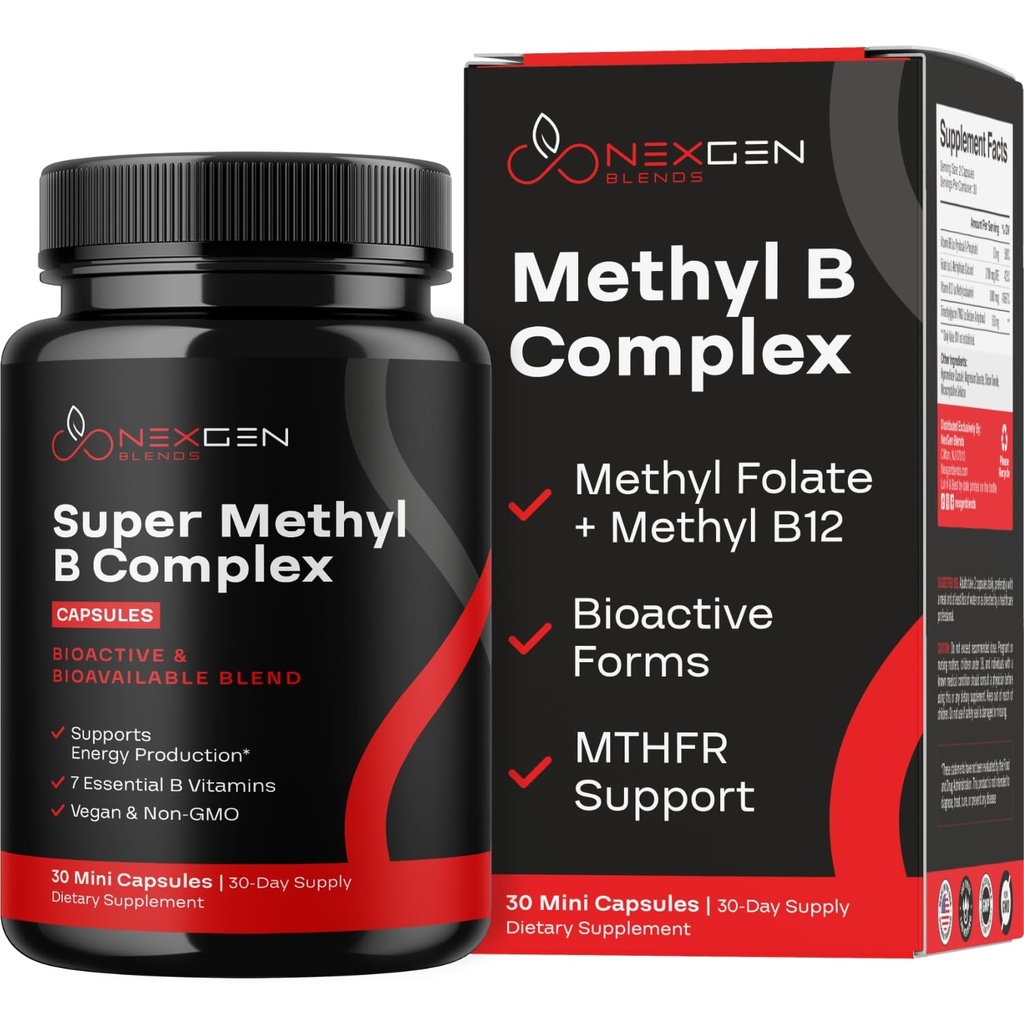 Methylated B Complex Vitamin Supplement - Bioactive Methyl B Complex with 5-MTHF Methyl Folate & B12 Methylcobalamin for Brain Heart Energy & Homocysteine Support - Super Vitamin B Complex (30 count)