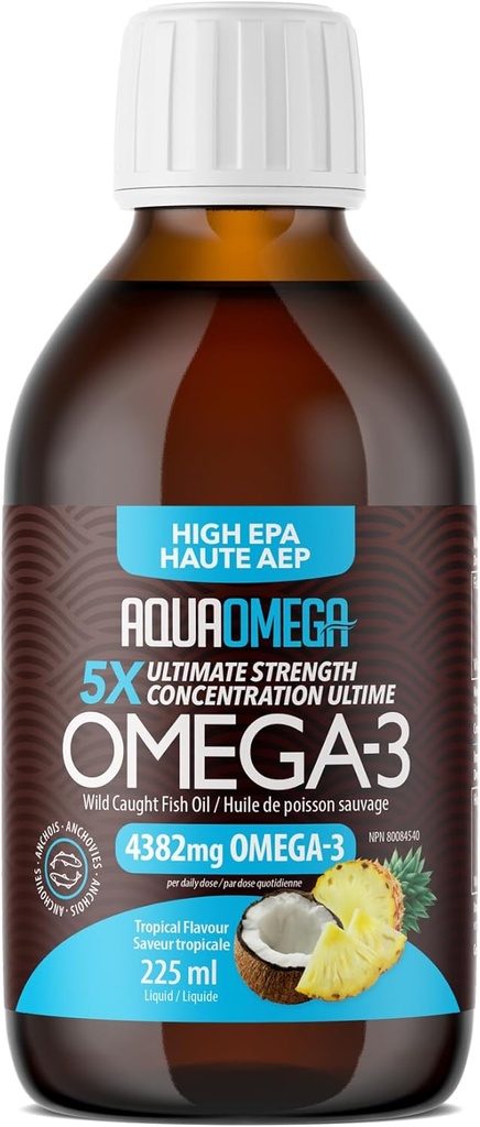 5X Ultimate Strength Liquid Fish Oil Supplements, Wild Caught Omega 3 Fish Oil Liquid, High EPA & DHA Omega3 Fatty Acids, Omega 3 Suplement z witaminą D, 7.60floz, Tropical Flavor