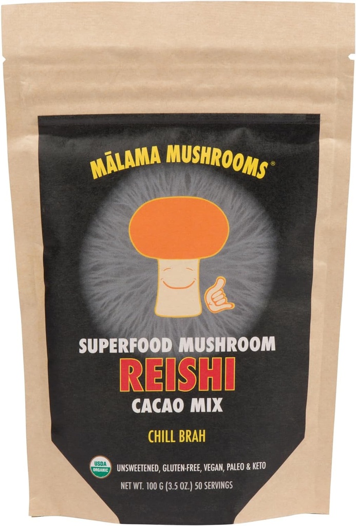 Malama Mélange de Cacao de Champignon Bio chaud, Reishi Poudre de Champignon avec Cacao de Commerce équitable pour Immune Support & Relaxation – Supplément végétalien et Superfood, Non OGM, 3,5 oz (50 portions)