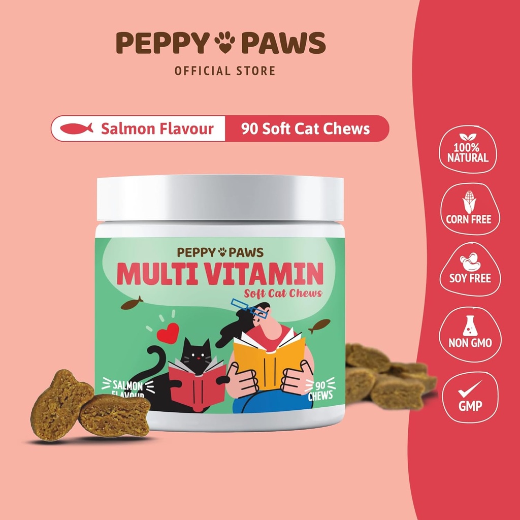 Multivitamin for Cats — 90 Soft Chews - Omega 3, Salmon Oil, Glucosamine, MSM, Chondroitin, CoQ10, Probiotics, Vitamin B Complex ' C - for Skin, Joint, Heart, Immunity Support - Non-GMO