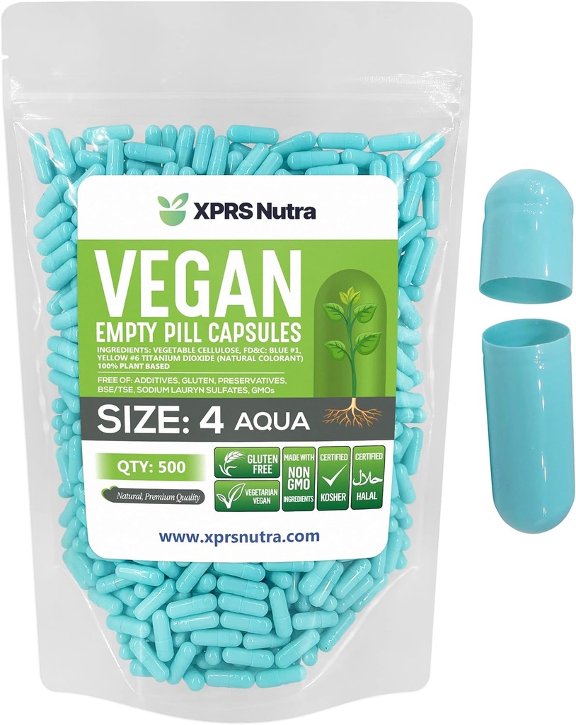 XPRS Nutra suurus 4 Tühjad kapslid - 500 loe väikesed tühjad vegankapslid - DIY köögiviljakapslid - Täidetav Do-It-Yourself Veggie kapslid toidulisandite jaoks (Aqua)