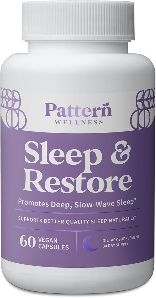 Pattern Wellness Sleep + Restore Addition - Giliosios, lėtosios miego - Mood & Stress Response Support - Pure Vegan Health - 60 Non- GMO kapsulės