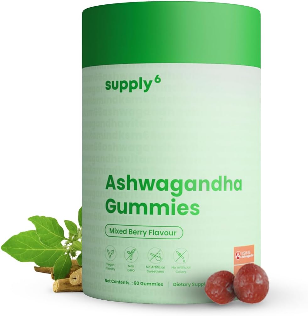 SUPPLY6 KSM-66 Ashwagandha & Vitamin D Gummy - 60 Conde - Mixed Berry, KSM-66, Vegan, Plant Based, Non-GMO, Gluten-Free & Gelatin Free, para un Happier You, Pack de 1
