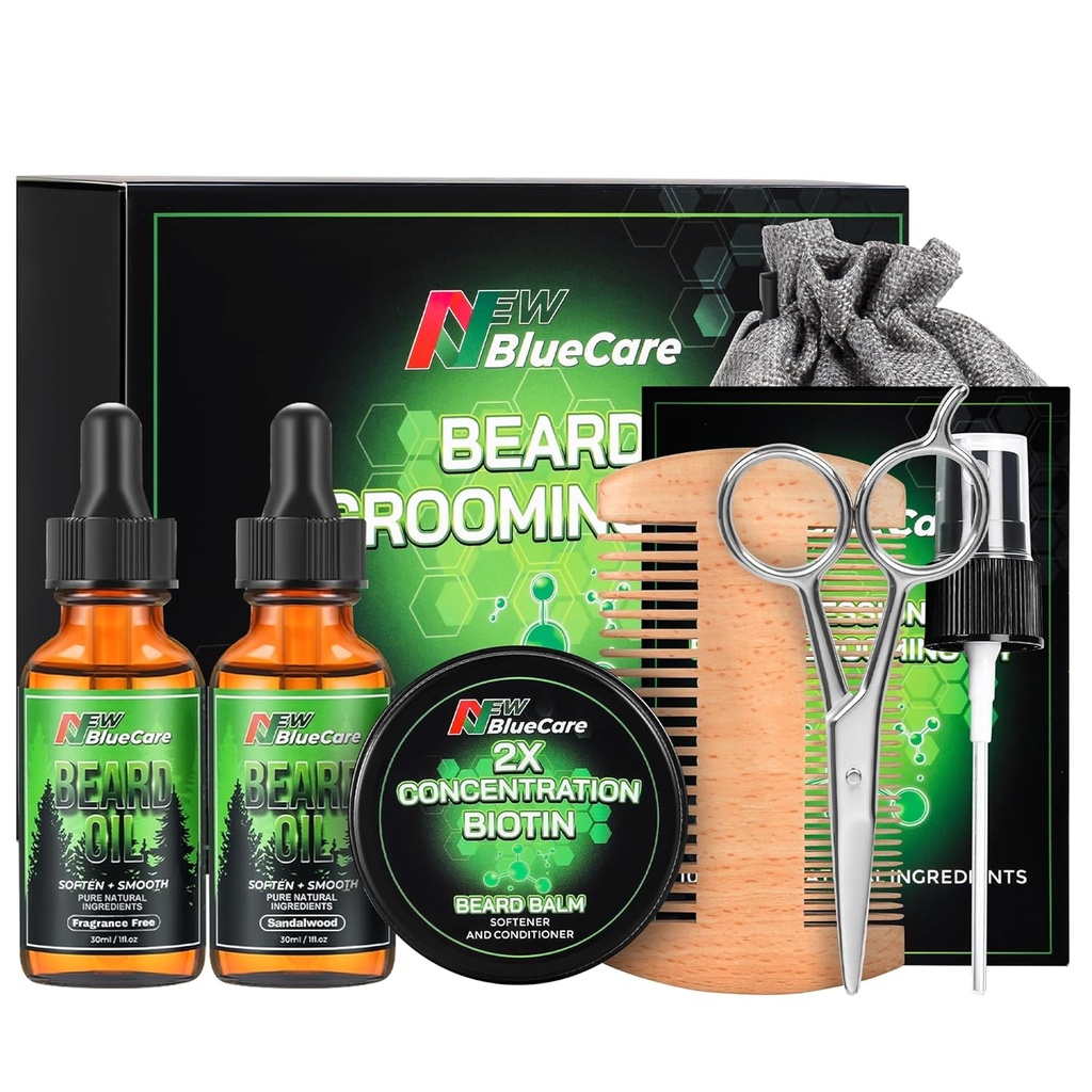 Beard Care Kit - Enthält (1) jeder von Bartölen (Sandalwood & Unscented), Biotin Bart Growth Balm, Comb und Scissors für Grooming und Trimming - Bart Pflege Papa Geschenke für Männer Ihn Papa Husband