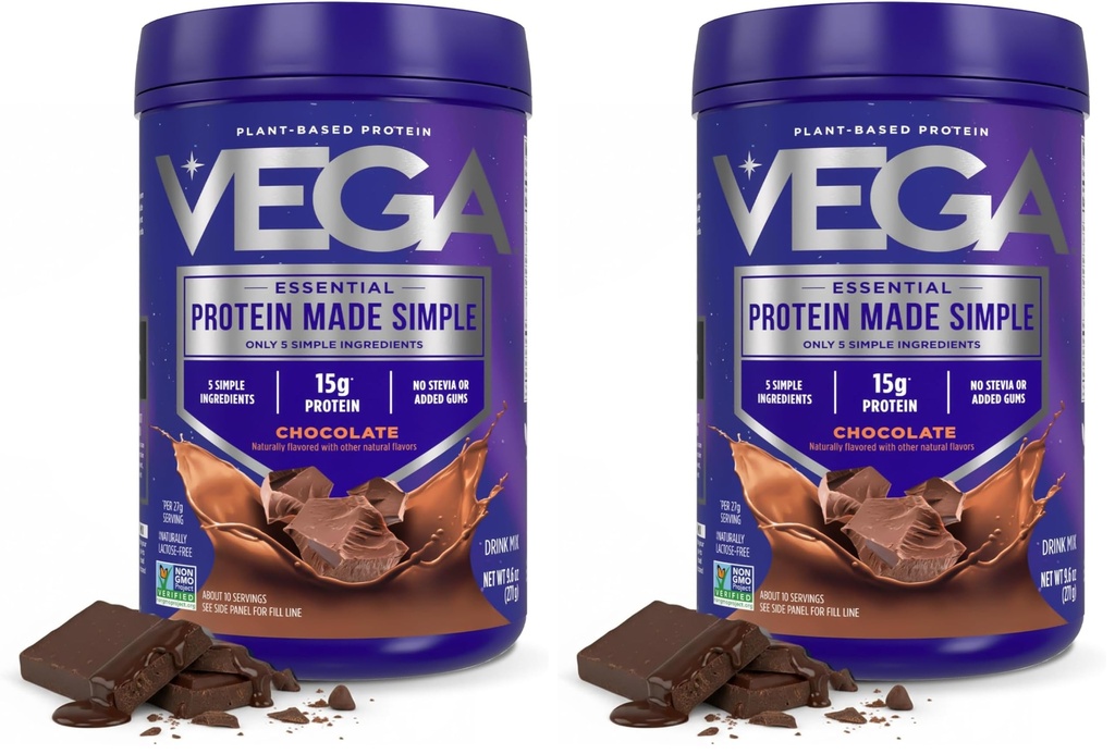 Vega Protein Made Simple - 15g Plant-Based Pea Protein, Chocolate, 10 Servings, Stevia Free, No Artificial Sweeteners or Gums, Non-GMO, Gluten Free, Dairy Free, 9.6oz (Packaging May Vary) (Pack of 2)