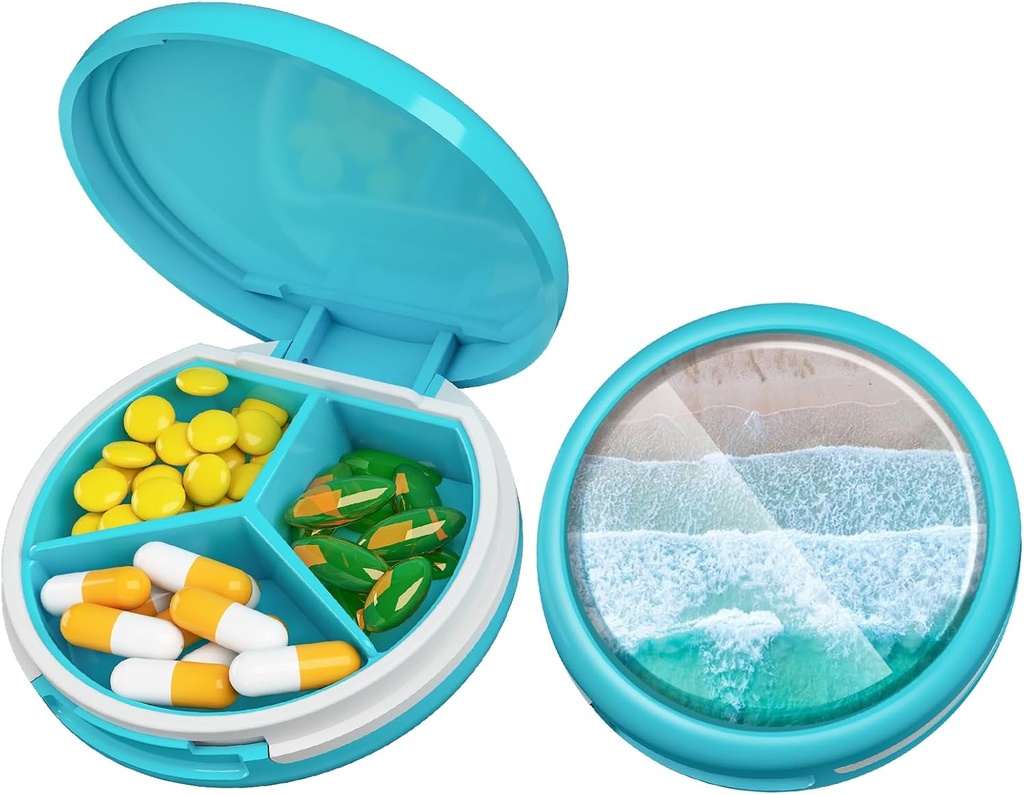 Serfeymi Small Pill Box - 3 Compartments Portable Pill Box for Purse Pocket, Compact Mini Travel Pill Case - Suitable for Medicine, Vitamin, Fish Oil, supplements - Light Blue(Beach)