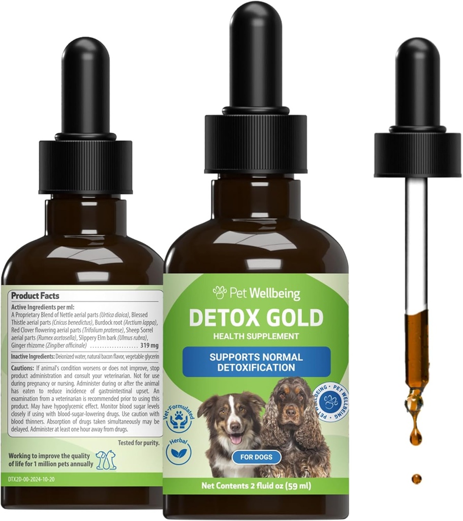 Pet Wellbeing Detox Gold for Dogs - Gentle Detoxification & Elimination Support, Immune System Care, Nettle, Blessed Thistle, Burdock Root - Veterinarian-Formulated Herbal Supplement 2 oz (59 ml)
