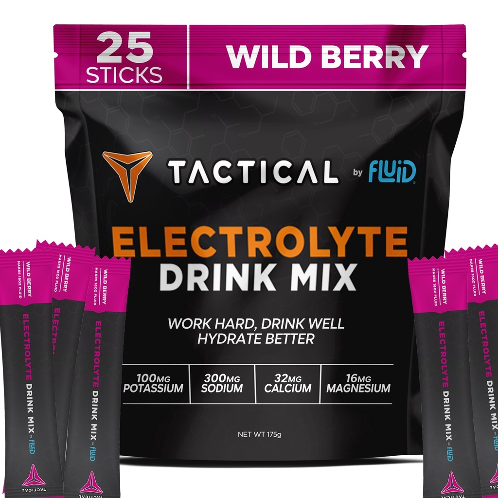 Fluid Tactical - Electrolyte Powder Packets, Accelerate Re-Hydration, Low Sugar, Electrolyte Drink Mix, Prevent Dehydration, Eliminate Cramps