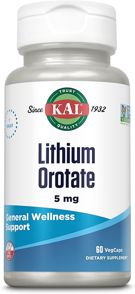 KAL Lithium Orotate 5mg | Basso Servo di Chelated Lithium Orotate per Biodisponibilità & Mood Support | in Organic Rice Bran Extract Base | 60 VegCaps