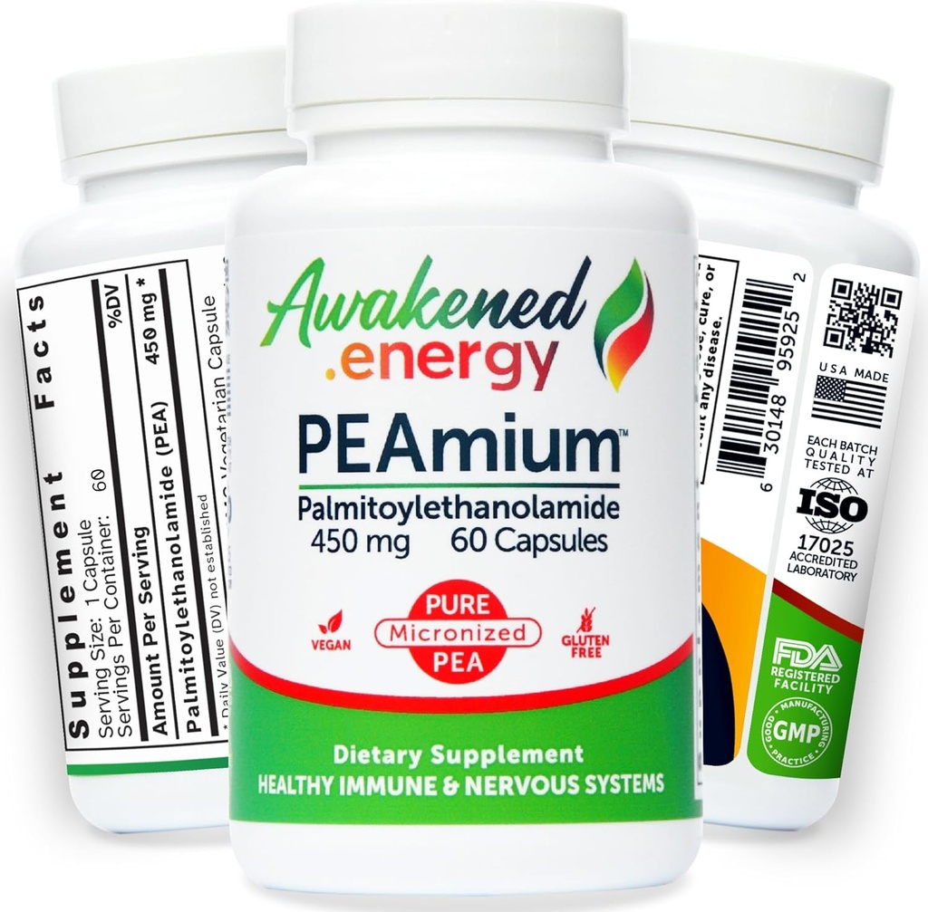 Palmitolethanolamid 450mg Monkeyy Nerves Cognitive & Imgune support - Micronized High Awaters - All Natural Pea - USA Made - No Additives o Excípriess  èxit 60 Vega Capsules suplementaris