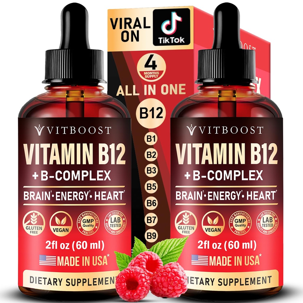 2 Pack Vitamin B Complex 20000 mcg - Vitamin B12 Sublingual Methylcobalamin Extra Strength Raspberry Liquid Drops for Women and Men - USA Made, B1, B2, B3, B5,B6, Biotin, Folic Acid | 4fl oz (120ml)