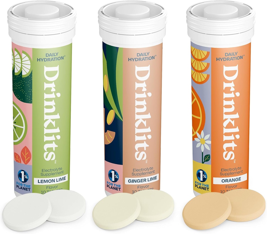 Drinklits Daily Hydration Variety Pack (3) Tube Bundle Budapest 124; Ginger- Lime + Lemon- Lime + Orange Description 124; Electrolyte Tablets - 0g Sugar - Great Taste Budapest 124; 30 Servings - 10 Tablets per Tube