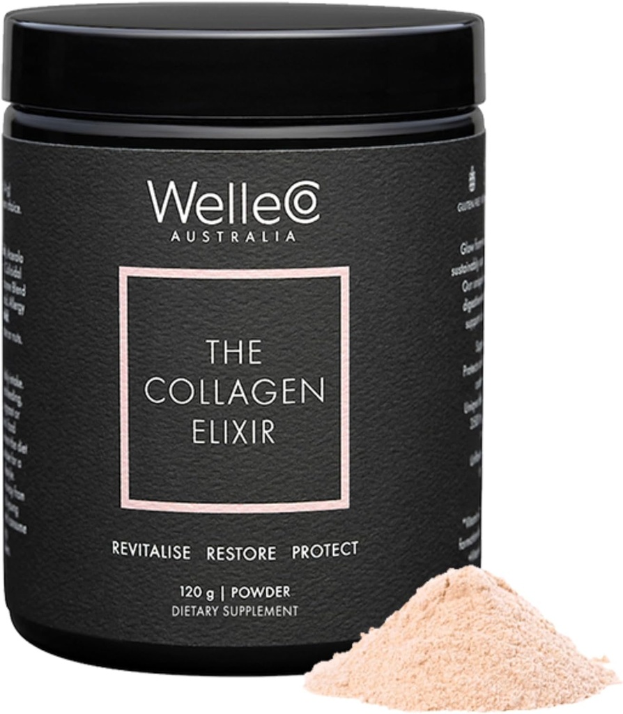 WelleCo Das Collagen Elixir, Marine Collagen Peptide Pulver mit Hyaluronsäure, Vitamin C, Verdauungsenzyme & Silica für Haut, Haar & Nägel, Unflavored, 4.23 oz