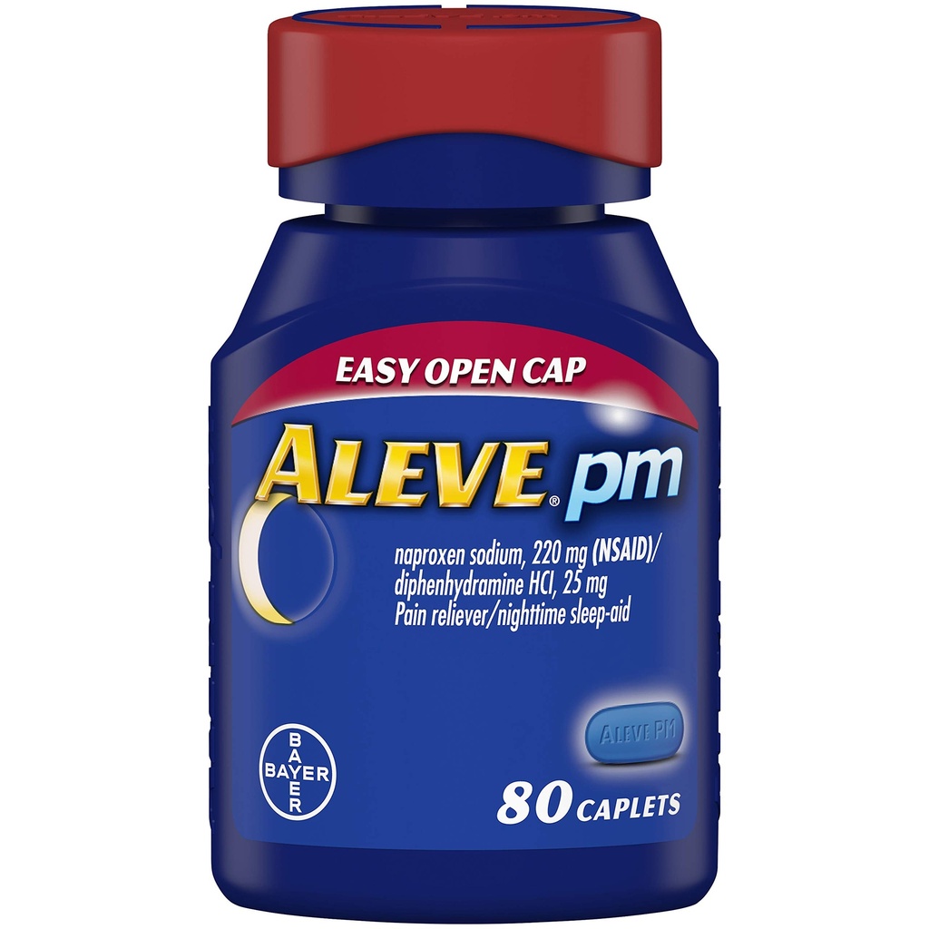 Aleve PM Caplets, Fast Acting Sleep Aid and Pain Relief for Headaches, Muscle Aches, Non-Habit Forming 220 mg Naproxen Sodium and 25 mg Diphenhydramine HCl Capsules, 80 count