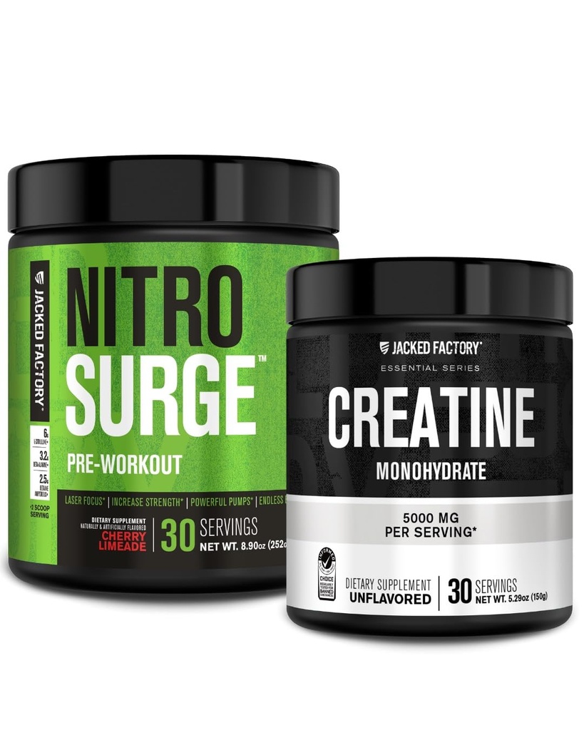 Jacked Factory NITROSURGE Pre Workout Supplement (Cherry Limeade) Creatine Monohydrate Powder (150g) for Muscle Growth, Increased Strength, Enhanced Energy