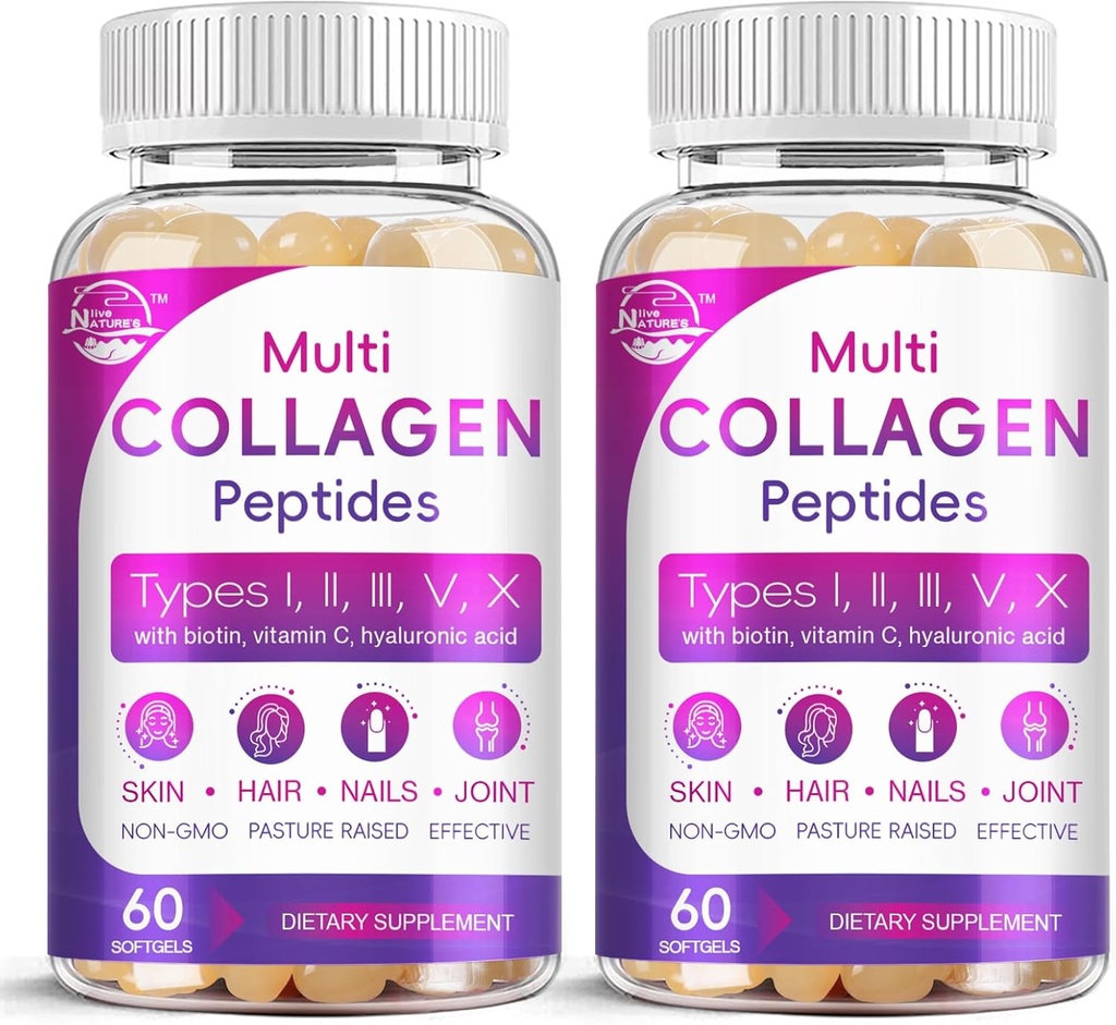 Multi Colagen Peptides Softgel - Tip I, II, III, V, X - Hidrolized Colagen Peptides cu Biotin, Vitamina C, Acid hialuronic, Suporturi piele unghie par, Grass-Fed, Non-GMO, 60 Softgel, 2 Pack