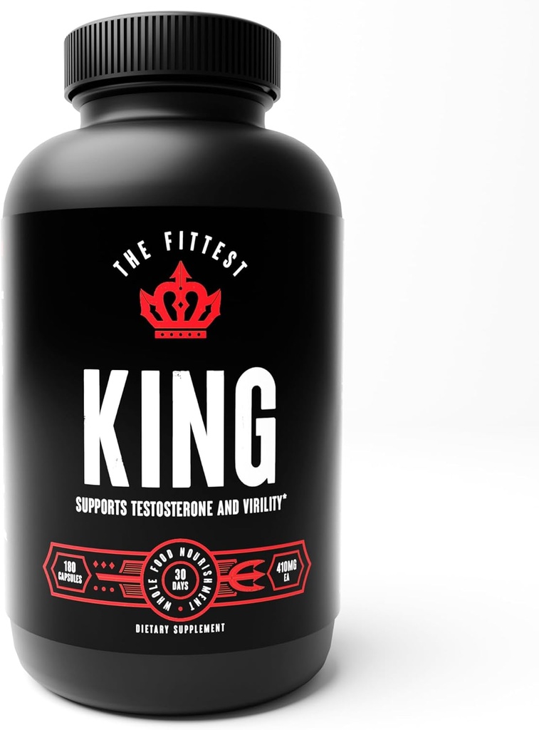Fittest King - Testosteron obnovitveni dodatek - podpira Hormone zdravje, Stamina, & moč - Vključuje krmo s travo govedo jetra, kostno magijo, srce in testis - 180 kapsul