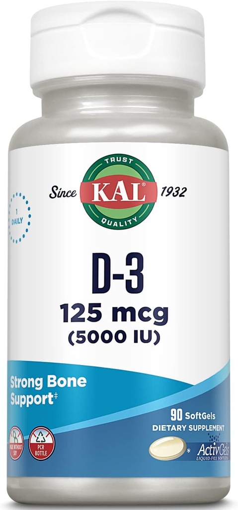 KAL Vitaminas D3 5000 TV Softgels (125 mikrogramai), aktyvi vitamino D forma, kalcio absorbcija, kaulų sveikata, imuninės paramos priedas, skysti užpildyti aktyvikliai, pagaminti be sojos, 90 serverių, 90 minkštiklių