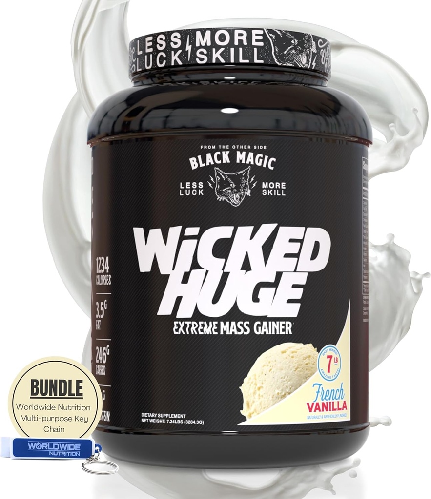 Worldwide Nutrition Bundle Compatible with Black Magic Wicked Huge - Mass Gainer Francúzska Vanilla Chuť na podporu svalov a zotavenie, 7.24 LBS Protein Powder Supplement with Keychain