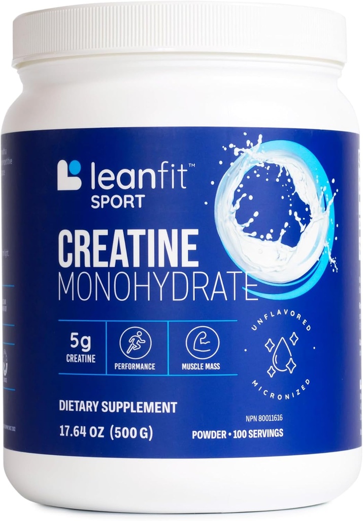 LeanFit Sport CREATINE MONOHYDRATE Pulver, Unflavored - Informierte Wahl Certified, Micronized & Pharmaceutical Grade Kreatin, Glutenfrei, Vegan – 5g Kreatin pro Servierung, 100 Servierungen, 17.64oz Tuben