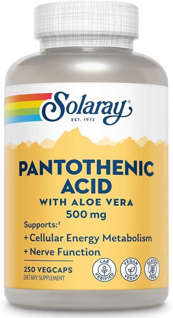 SOLARAY Pantothenic Acid 500mg - Pantothenic Acid Supplement (B5-vitamin) - Essential B Complex Vitamin - Idegrendszer és celluláris energia támogatás - Vegan, Gluten Free, 60- napos Guaratee, 250 adag