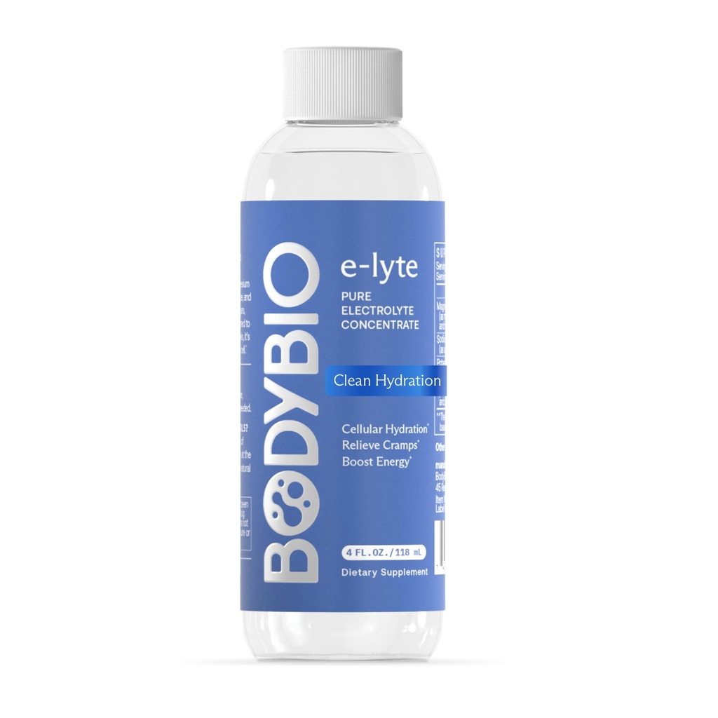 BodyBio e-Lyte - Liquid Electrolyte Concentrate for Clean Hydration, Energy & Cramp Relief - No Sugar, No Artificial Flavors, No Fillers, Keto Friendly - 4 FL OZ
