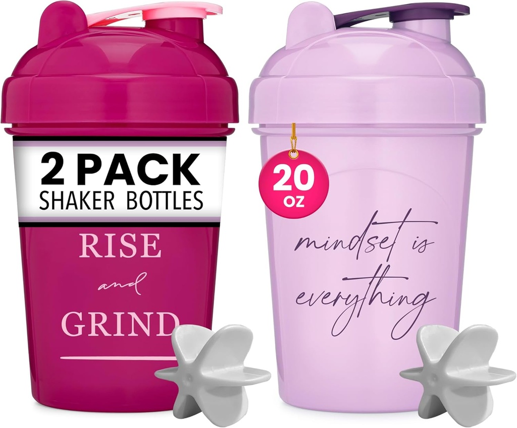 GOMOYO [2 Pack] 20oz Shaker botila Motibozko aipamenekin (Raspberry & Lavender) | Protein botila nahastaileekin | Blender Shaker Bottle for Protein Mixes Pack BPA Free eta Dishwasher Safe da