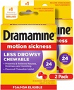 Dramamine Chewable Mindre Drowsy, Motion Sykdom Relief, Raspberry Cream Flavor, 12 Count, 2 Pack