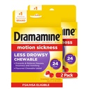 Dramamine Motion Sickness Less Drowsy, Chewables for Nausea Relief During Travel, Raspberry Cream Flavor, 12 Count, Pack of 2